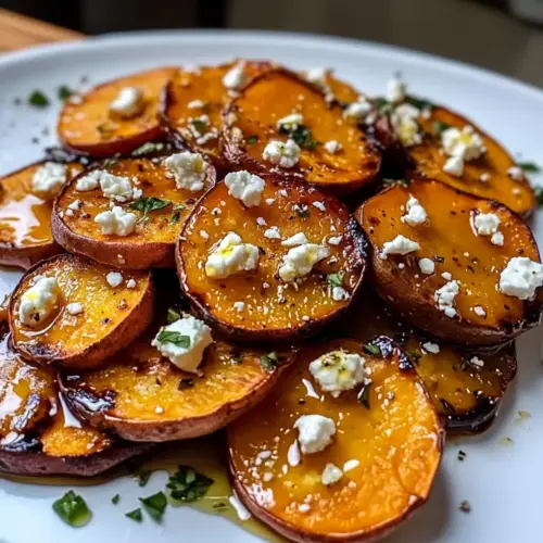 Fried sweet potato slices with honey and feta